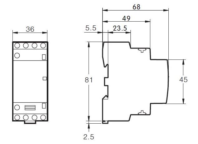 Dimensiones contactor modular 25A 4 polos
